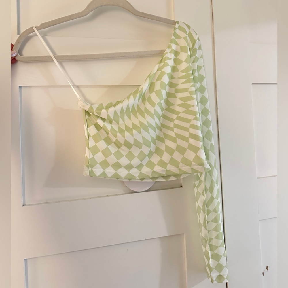 Princess Polly green and white checkered one shoulder long sleeve top